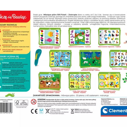 Kalbantis rašiklis 500 klausimų: Gyvūnai Žaisk ir mokykis lenkų kalba Clementoni 50781