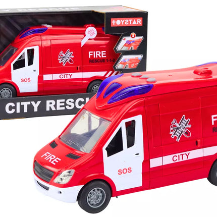 Gaisrinės mašinos šviesos, garsai, atidaromos durys, raudona