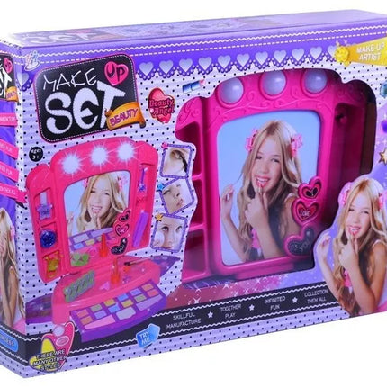 Kosmetinis staliukas su priedais ir švieselėmis Rožinis