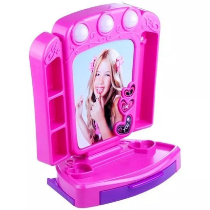 Kosmetinis staliukas su priedais ir švieselėmis Rožinis