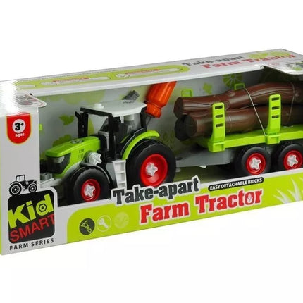 Surenkamas traktorius su priekaba medienos transportui ir atsuktuvu