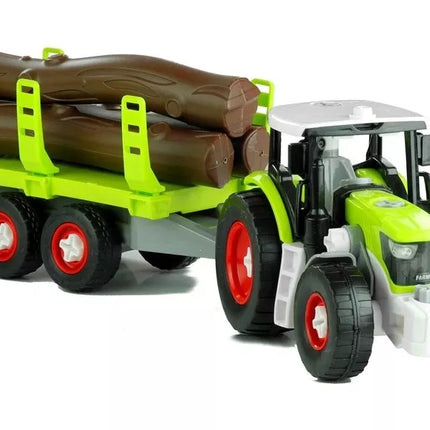 Surenkamas traktorius su priekaba medienos transportui ir atsuktuvu