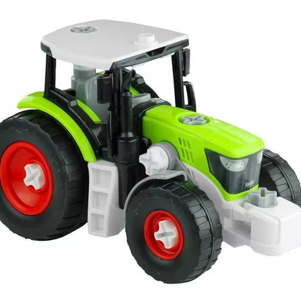 Surenkamas traktorius su priekaba medienos transportui ir atsuktuvu