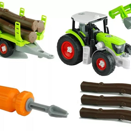 Surenkamas traktorius su priekaba medienos transportui ir atsuktuvu