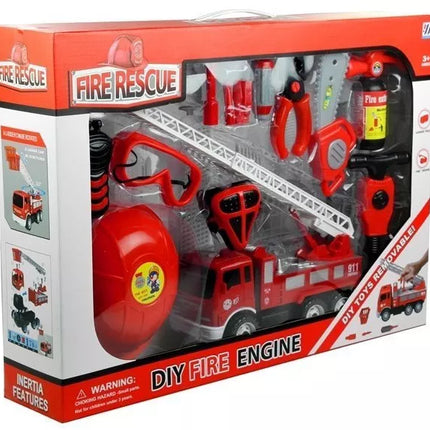 Gaisrininko rinkinys: gaisrinės mašina, šalmas, gesintuvas, pjūklas, 14 elementų