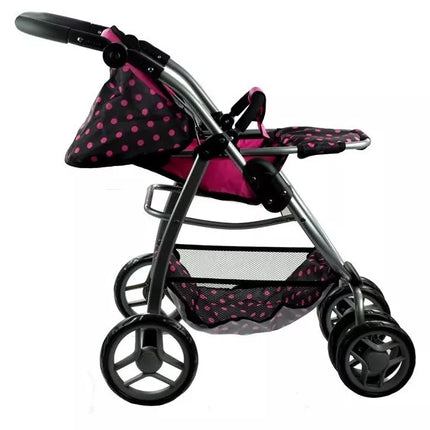 2 viename lėlės vežimėlis-lopšys Alice – juodas su rožiniais taškeliais
