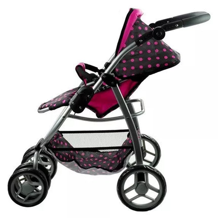 2 viename lėlės vežimėlis-lopšys Alice – juodas su rožiniais taškeliais
