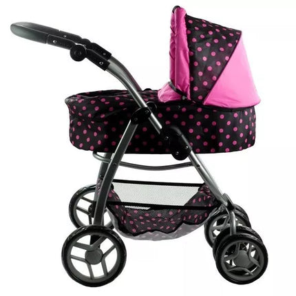 2 viename lėlės vežimėlis-lopšys Alice – juodas su rožiniais taškeliais