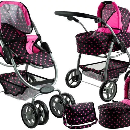 2 viename lėlės vežimėlis-lopšys Alice – juodas su rožiniais taškeliais