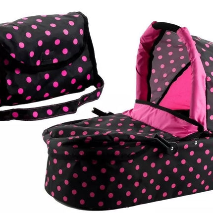 2 viename lėlės vežimėlis-lopšys Alice – juodas su rožiniais taškeliais