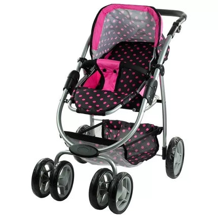 2 viename lėlės vežimėlis-lopšys Alice – juodas su rožiniais taškeliais