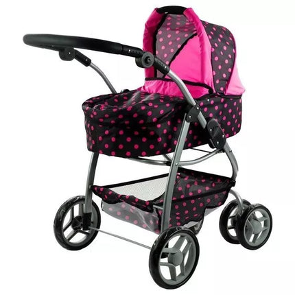 2 viename lėlės vežimėlis-lopšys Alice – juodas su rožiniais taškeliais