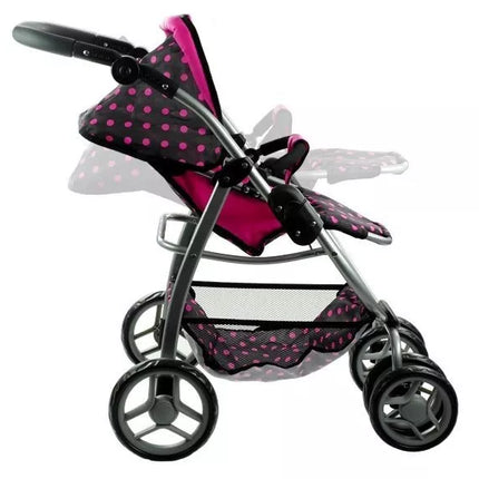 2 viename lėlės vežimėlis-lopšys Alice – juodas su rožiniais taškeliais