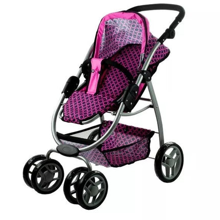 2 viename lėlės vežimėlis-lopšys Alice – rožinis su juodais taškeliais