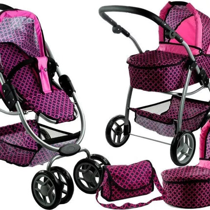 2 viename lėlės vežimėlis-lopšys Alice – rožinis su juodais taškeliais