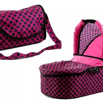 2 viename lėlės vežimėlis-lopšys Alice – rožinis su juodais taškeliais