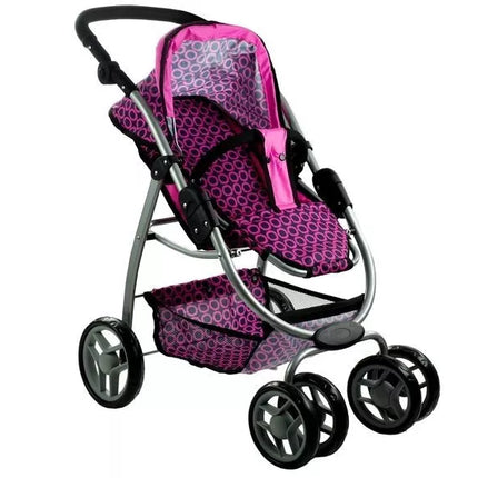 2 viename lėlės vežimėlis-lopšys Alice – rožinis su juodais taškeliais