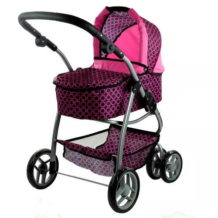 2 viename lėlės vežimėlis-lopšys Alice – rožinis su juodais taškeliais