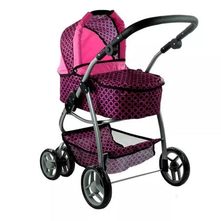 2 viename lėlės vežimėlis-lopšys Alice – rožinis su juodais taškeliais