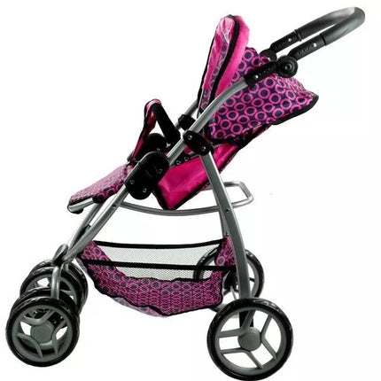 2 viename lėlės vežimėlis-lopšys Alice – rožinis su juodais taškeliais