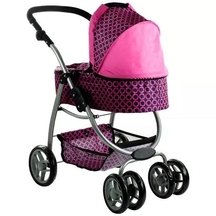 2 viename lėlės vežimėlis-lopšys Alice – rožinis su juodais taškeliais