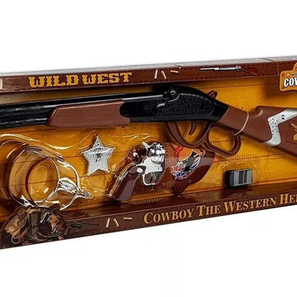 Kaubojaus rinkinys: šautuvas su svirtine užtaisymo sistema, Colt revolveris, šerifo ženklelis