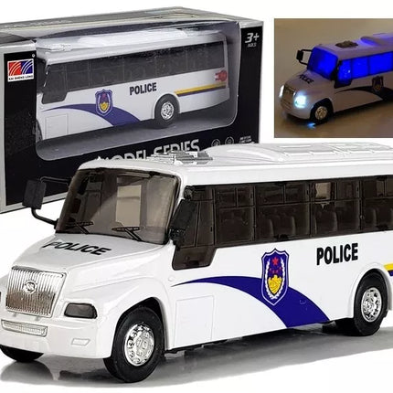 Policijos autobuso modelis, lietas, baltas, su šviesomis
