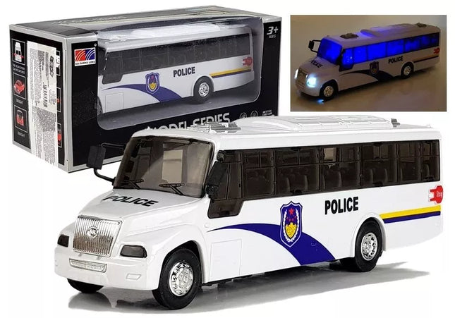 Policijos autobuso modelis, lietas, baltas, su šviesomis