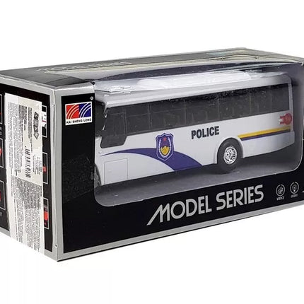 Policijos autobuso modelis, lietas, baltas, su šviesomis