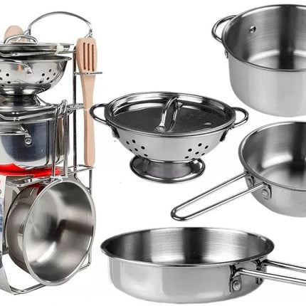 Nerūdijančio plieno puodų ir keptuvių rinkinys, miniatiūrinis, 8 vnt.