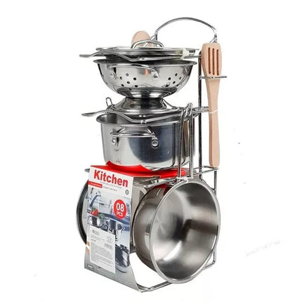 Nerūdijančio plieno puodų ir keptuvių rinkinys, miniatiūrinis, 8 vnt.