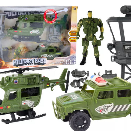 Karinis rinkinys: karinis sraigtasparnis, kovinis automobilis, valdymo bokštas, karys