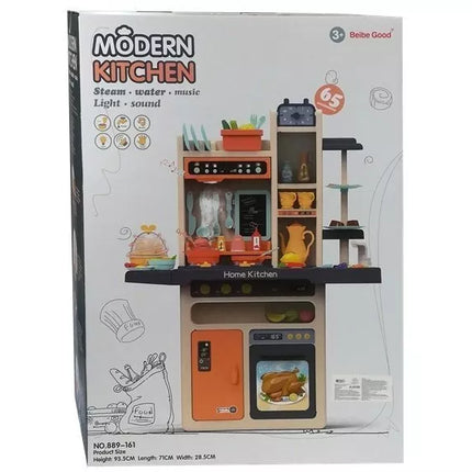 Vaikiškos virtuvėlės komplektas: švieselės, garsai, lėkštės, puodai, aksesuarai, 65 dalys.
