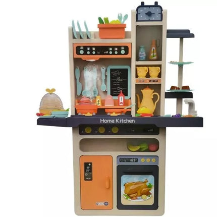 Vaikiškos virtuvėlės komplektas: švieselės, garsai, lėkštės, puodai, aksesuarai, 65 dalys.