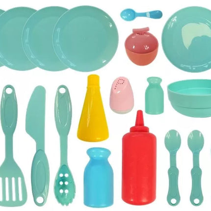 Vaikiškos virtuvėlės komplektas: švieselės, garsai, lėkštės, puodai, aksesuarai, 65 dalys.