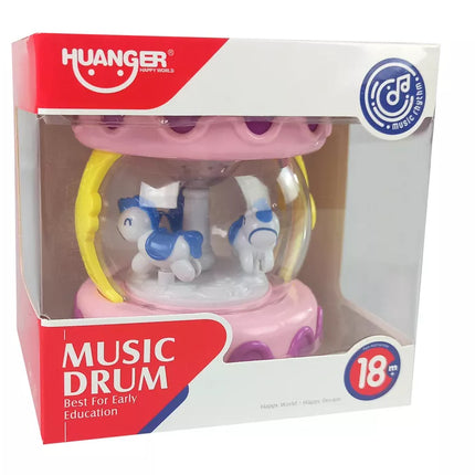 Spalvingas būgnas su karusele, gyvūnų garsai, rožinis