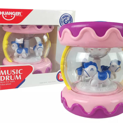 Spalvingas būgnas su karusele, gyvūnų garsai, rožinis