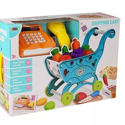 Rožinis vežimėlis su kasos aparato aksesuarais