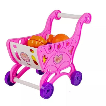 Rožinis vežimėlis su kasos aparato aksesuarais