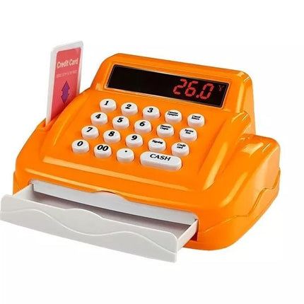 Rožinis vežimėlis su kasos aparato aksesuarais