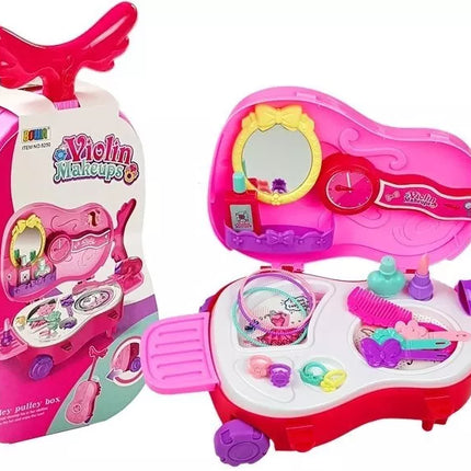 Nešiojamas makiažo staliukas smuiko dėkle su veidrodžiu