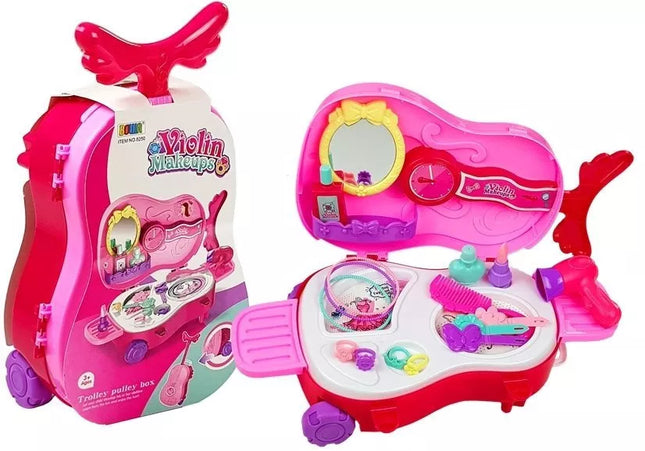 Nešiojamas makiažo staliukas smuiko dėkle su veidrodžiu