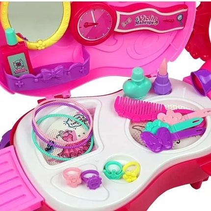 Nešiojamas makiažo staliukas smuiko dėkle su veidrodžiu