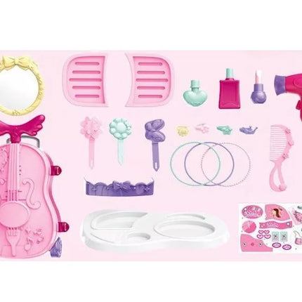 Nešiojamas makiažo staliukas smuiko dėkle su veidrodžiu