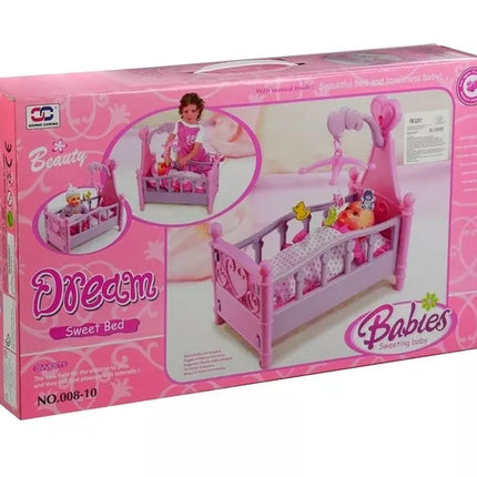 Didelė lėlių lovytė su karusele ir patalyne, rožinė ir violetinė, 48 cm