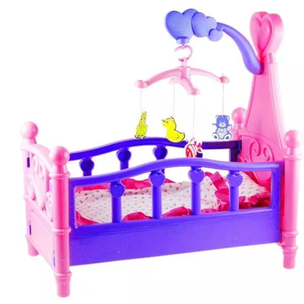 Didelė lėlių lovytė su karusele ir patalyne, rožinė ir violetinė, 48 cm