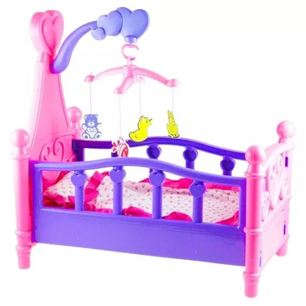 Didelė lėlių lovytė su karusele ir patalyne, rožinė ir violetinė, 48 cm