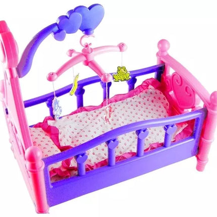 Didelė lėlių lovytė su karusele ir patalyne, rožinė ir violetinė, 48 cm