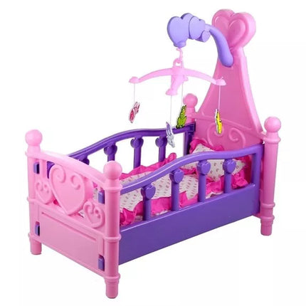 Didelė lėlių lovytė su karusele ir patalyne, rožinė ir violetinė, 48 cm