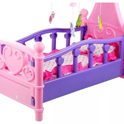 Didelė lėlių lovytė su karusele ir patalyne, rožinė ir violetinė, 48 cm